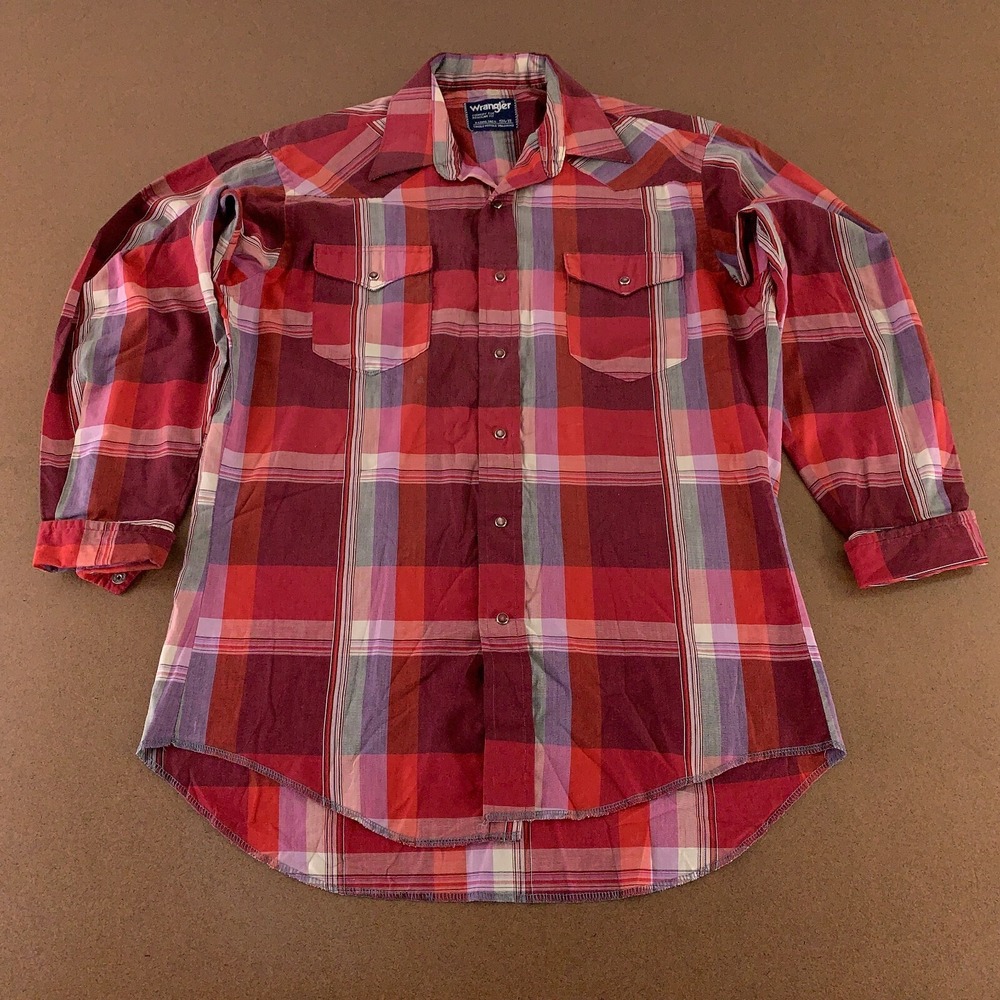 Wrangler Men's Size 15.5 - 33 Red Plaid Cowboy Cut X-Long Tail Pearl Snap Shirt